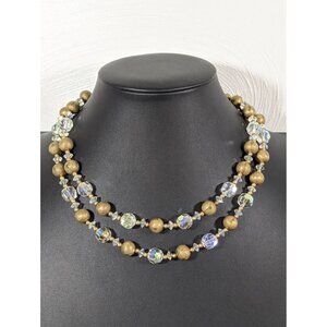Vintage Linser Aurora Borealis Glass Gold Tone Double Strand Choker Necklace 17"